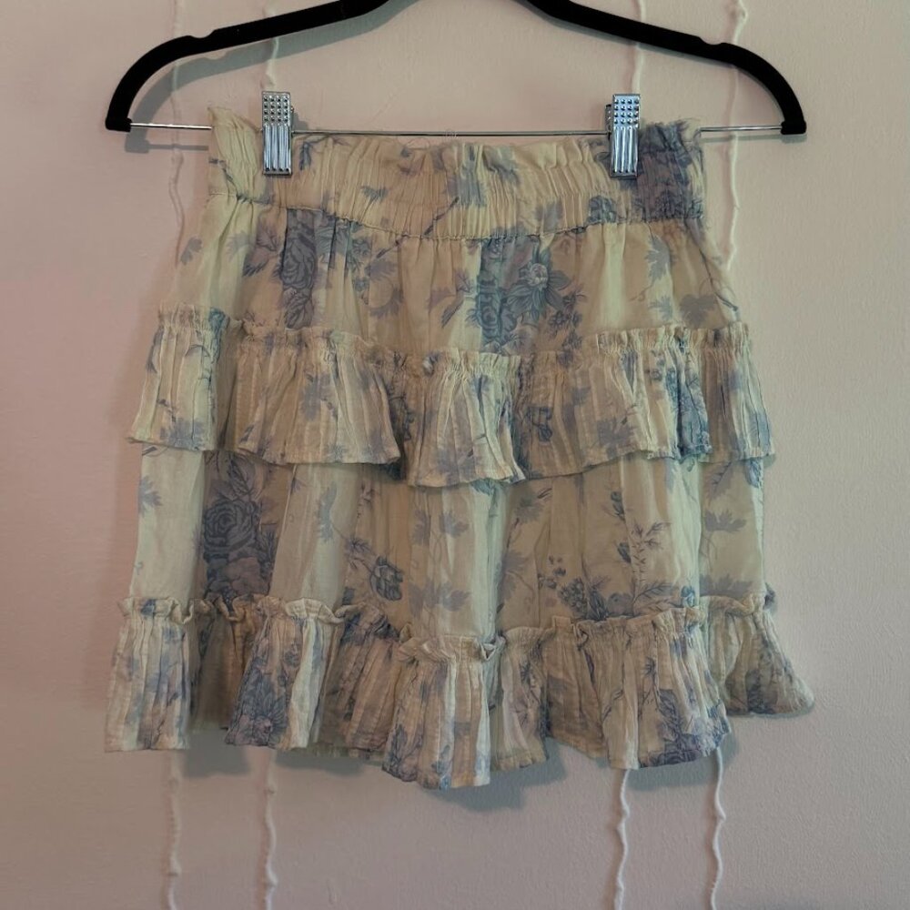 LoveShackFancy tiered ruffle mini skirt in off-white with blue floral print sz S